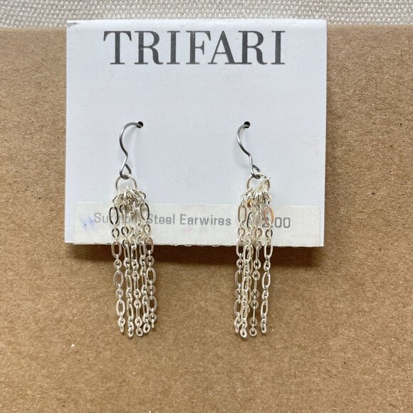 Trifari Chain Drop Earrings Silver-Tone Surgical Steel Earwires - Picture 1 of 5